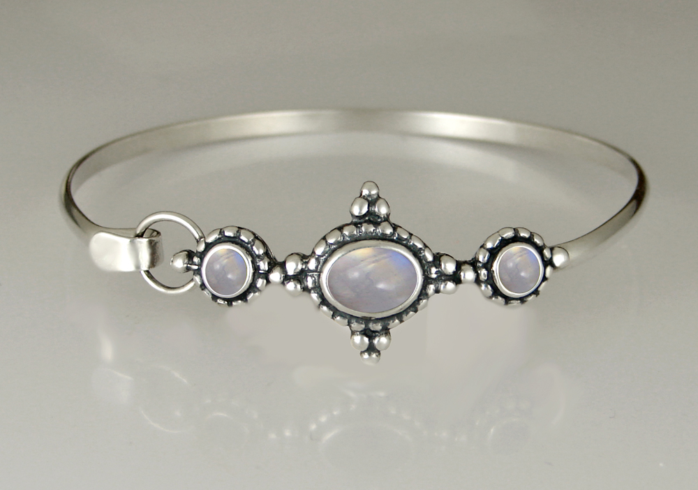 Sterling Silver Strap Latch Spring Hook Bangle Bracelet With Rainbow Moonstone